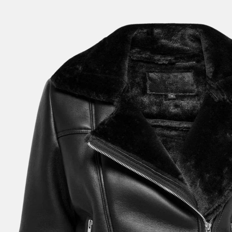 Women's Black Shearling Jacket with Asymmetrical Zip Closure