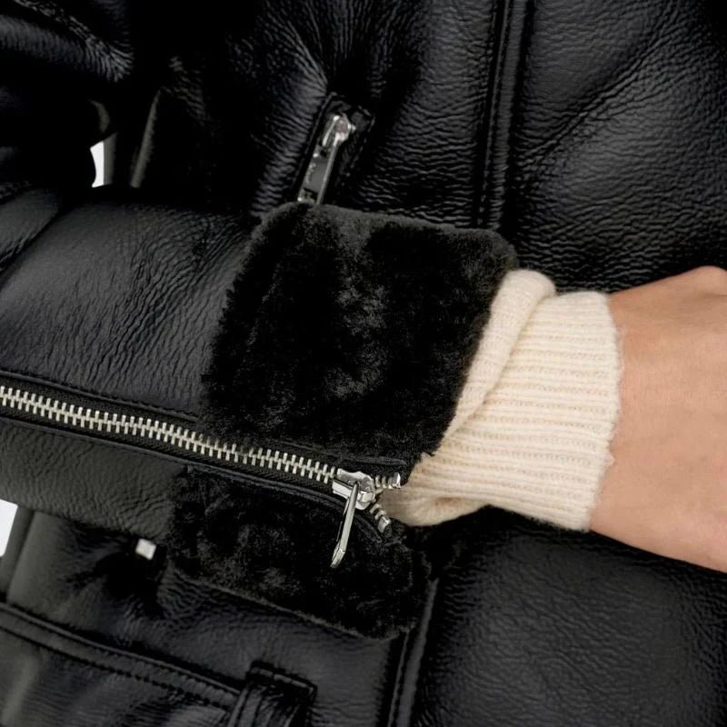Women's Black Shearling Jacket with Asymmetrical Zip Closure