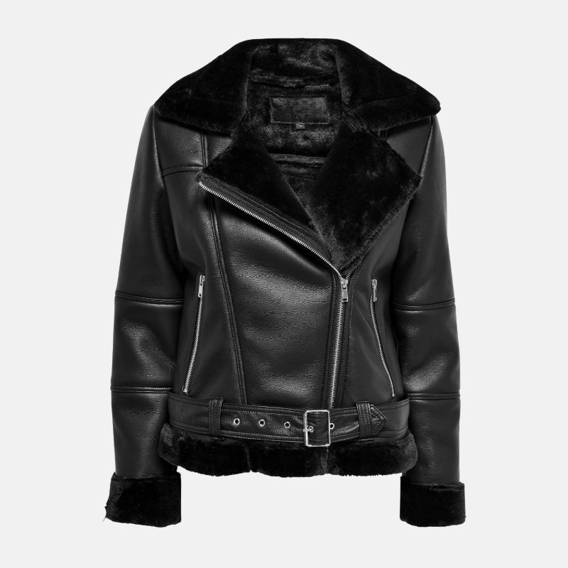 Women's Black Shearling Jacket with Asymmetrical Zip Closure