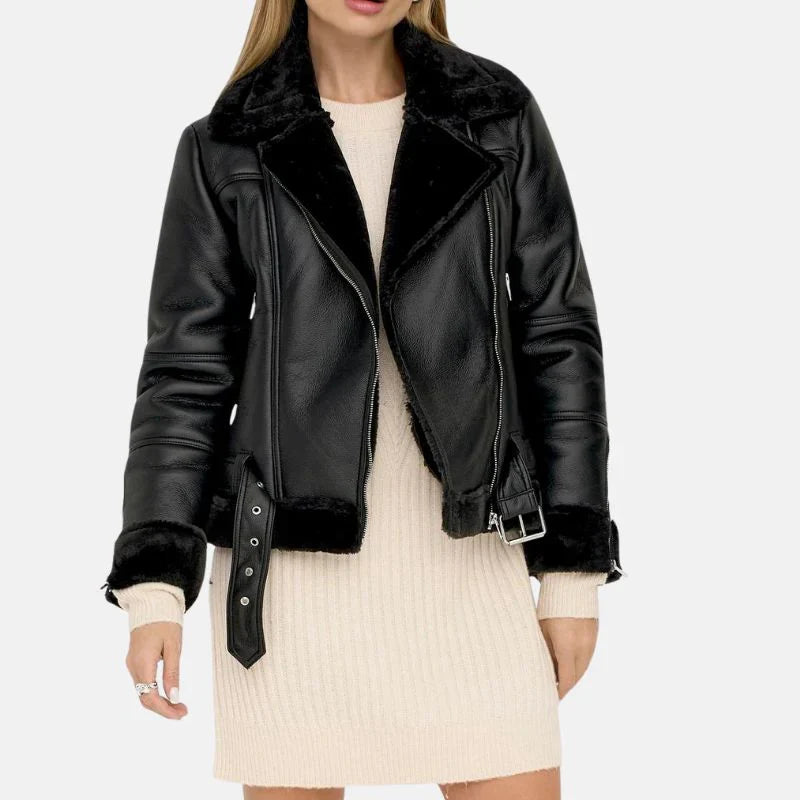 Women's Black Shearling Jacket with Asymmetrical Zip Closure