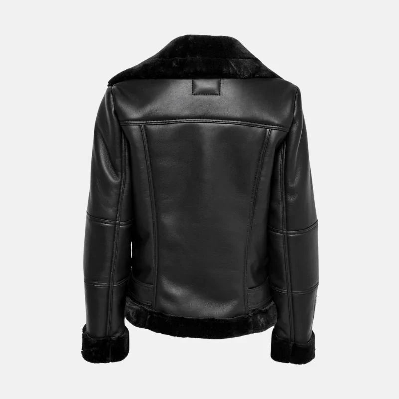 Women's Black Shearling Jacket with Asymmetrical Zip Closure